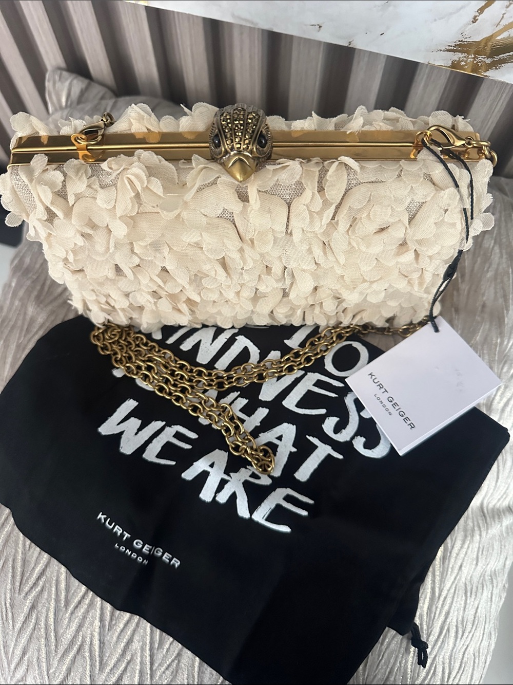 Kurt Geiger Cream Floral Appliqué Clutch with Gold Bird Clasp